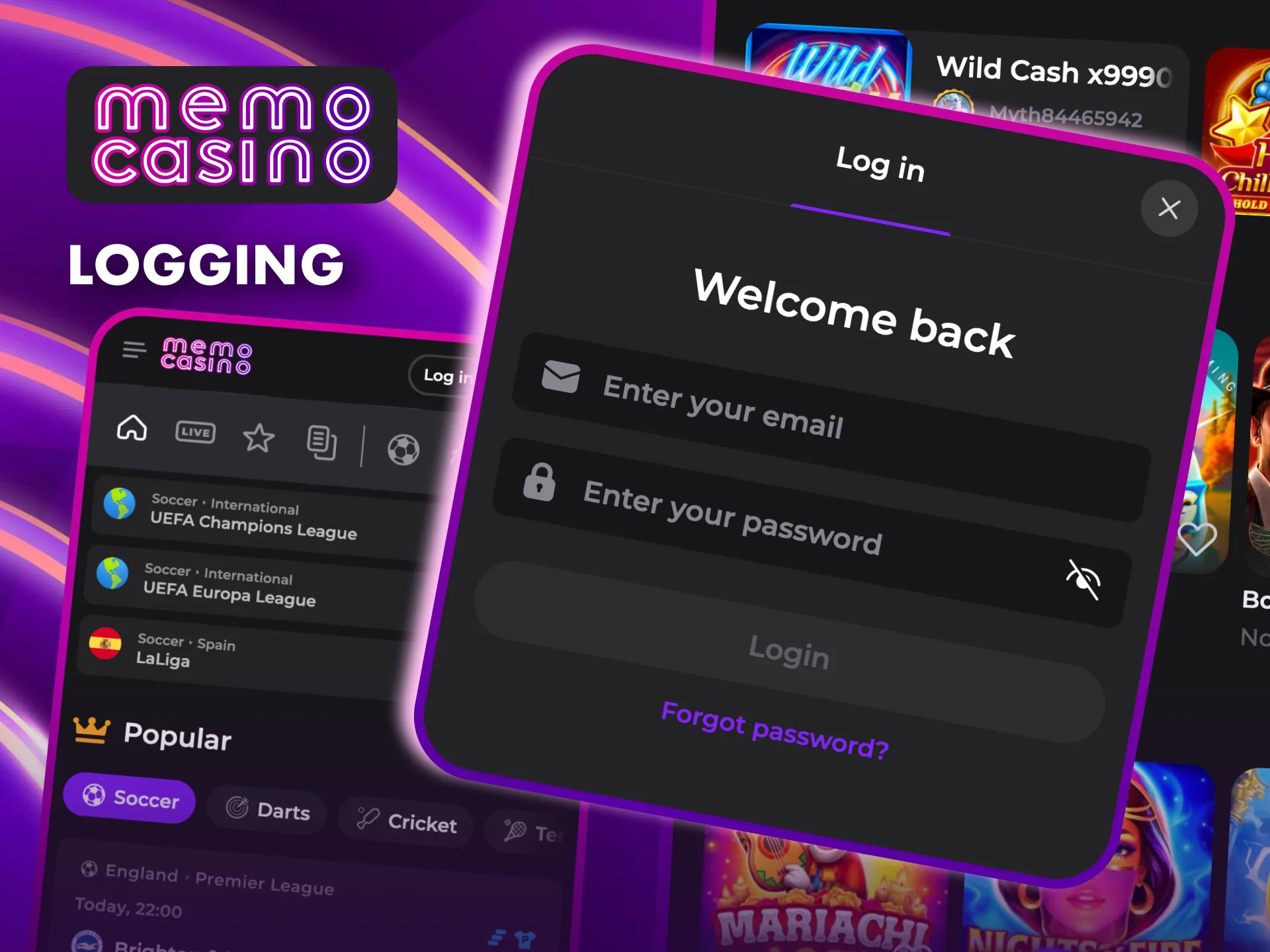 Log in to Memo Casino’s mobile app in just a few simple steps.