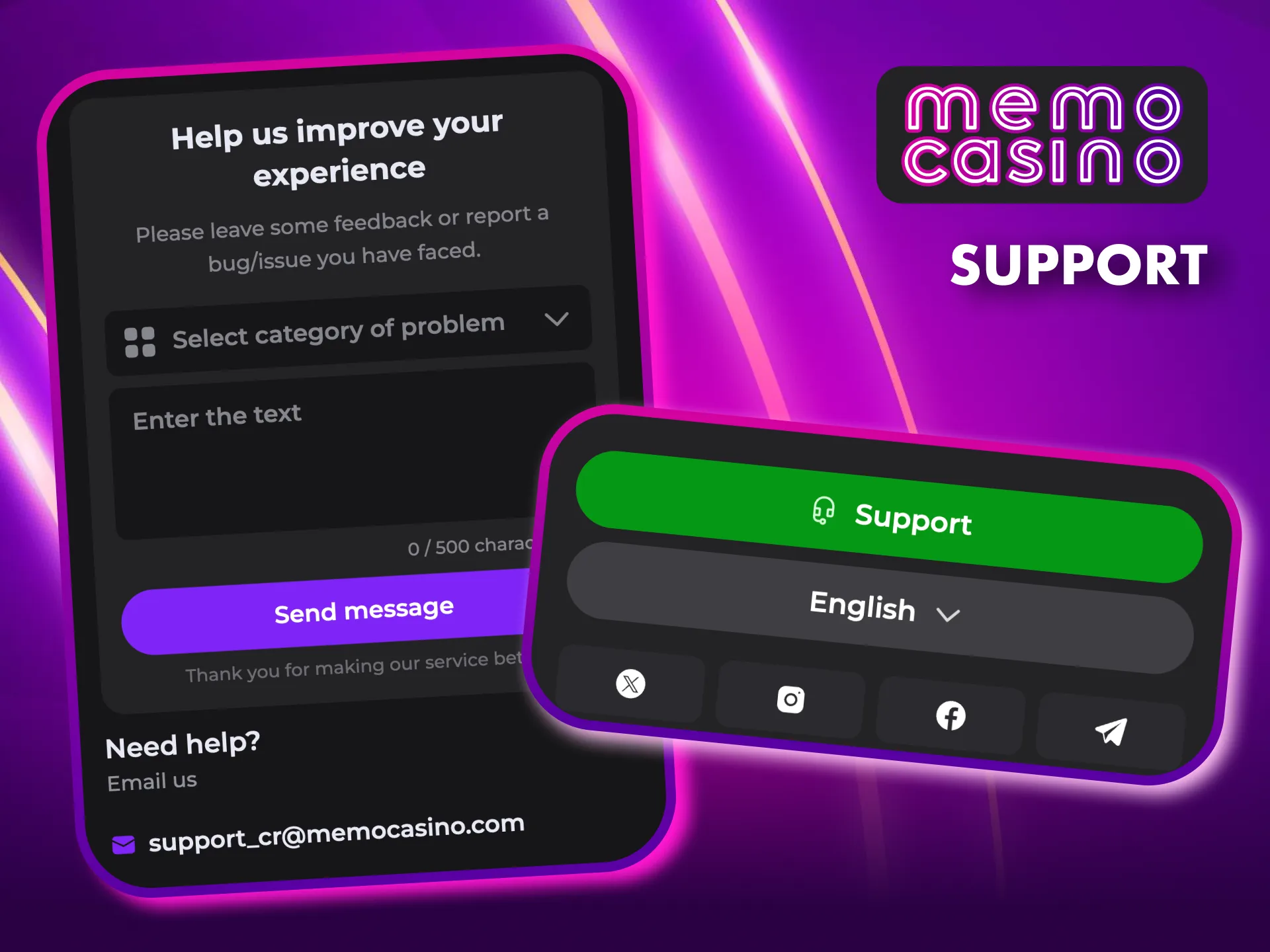Reach Memo Casino support via MemoBot, Live Chat, Email, or Social Networks.
